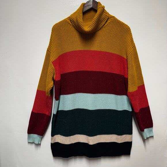FARM Rio Dresses & Skirts - FARM Rio Striped Sweater Dress Chunky Ribbed Turtleneck L Cozy Fall Eclectic